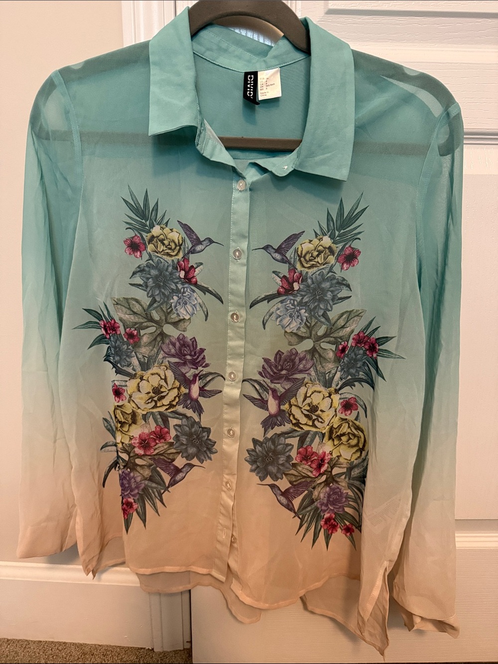 H&M Teal to Cream Floral Ombre Button-Down Blouse